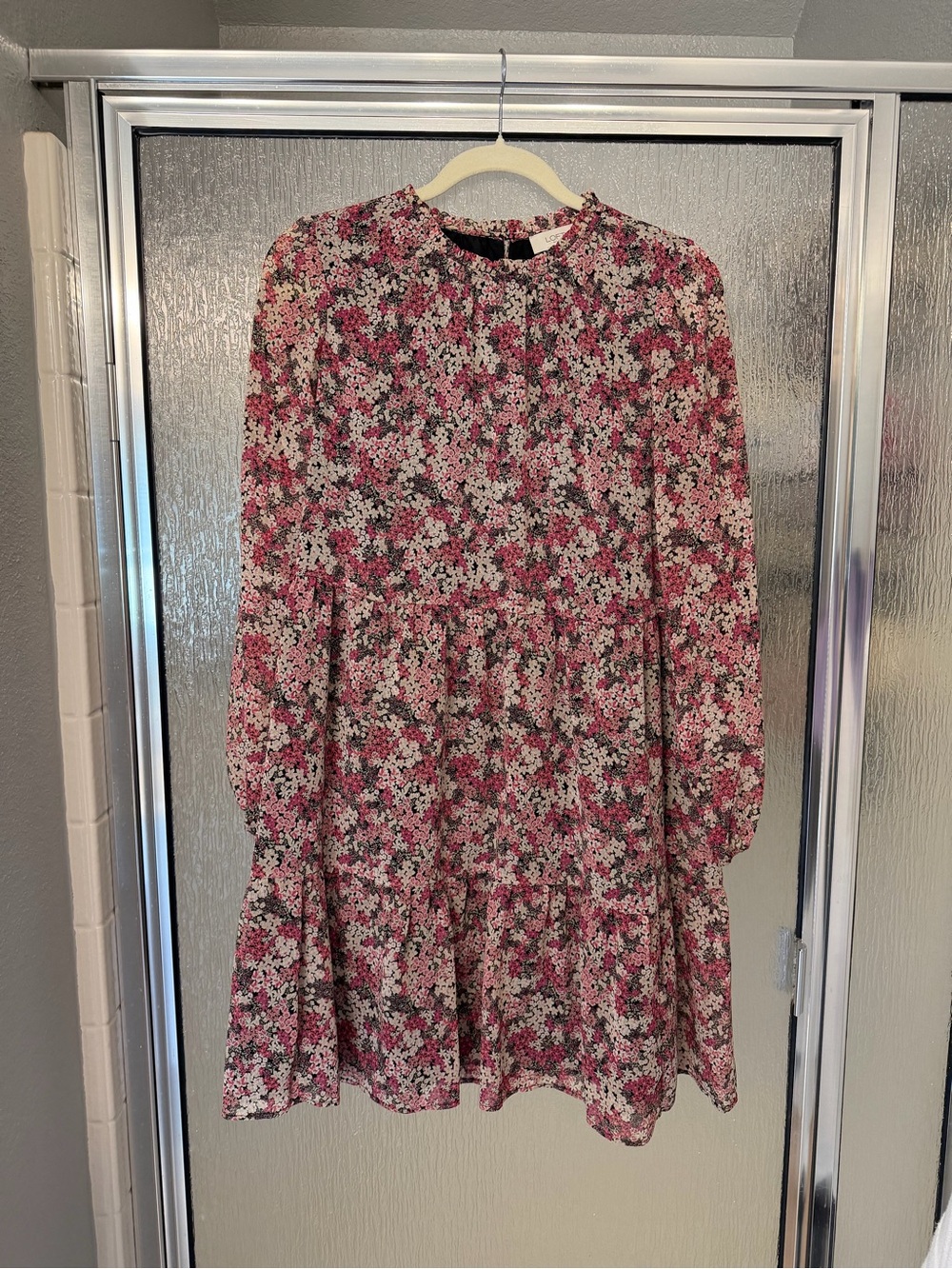 Loft Pink Floral Long-Sleeve Tiered Dress